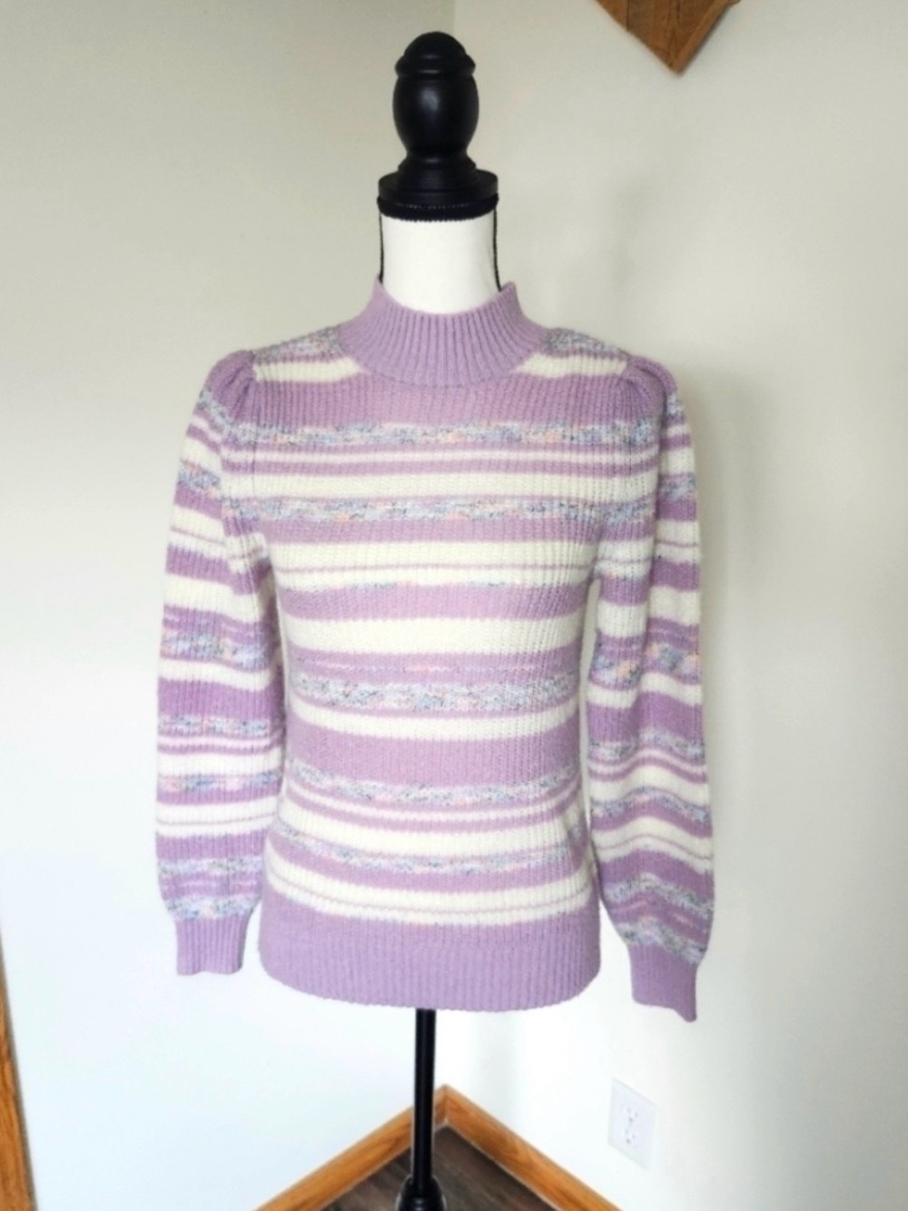 LOFT Lavender and Cream Striped Mock Neck Sweater